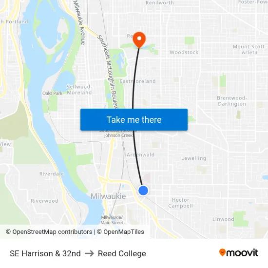 SE Harrison & 32nd to Reed College map