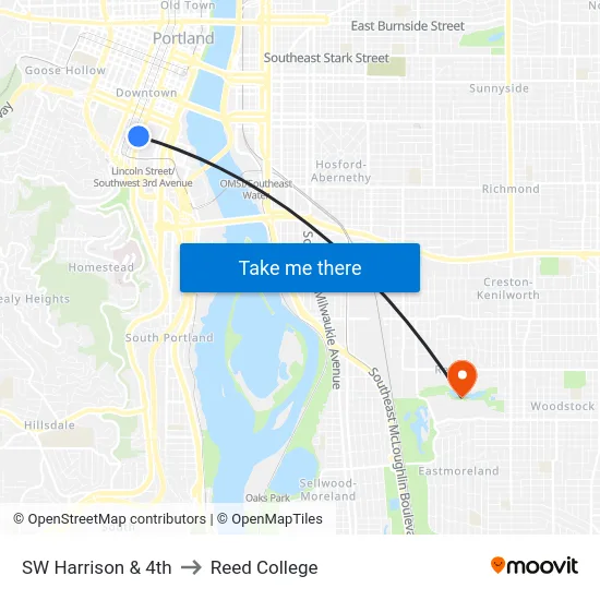 SW Harrison & 4th to Reed College map