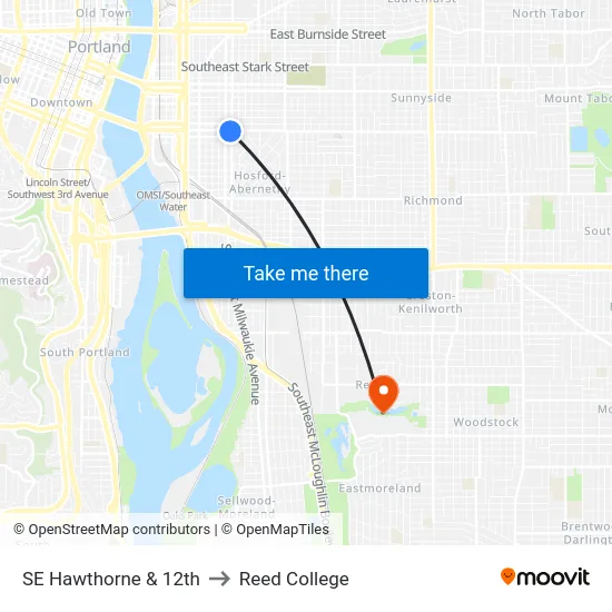 SE Hawthorne & 12th to Reed College map