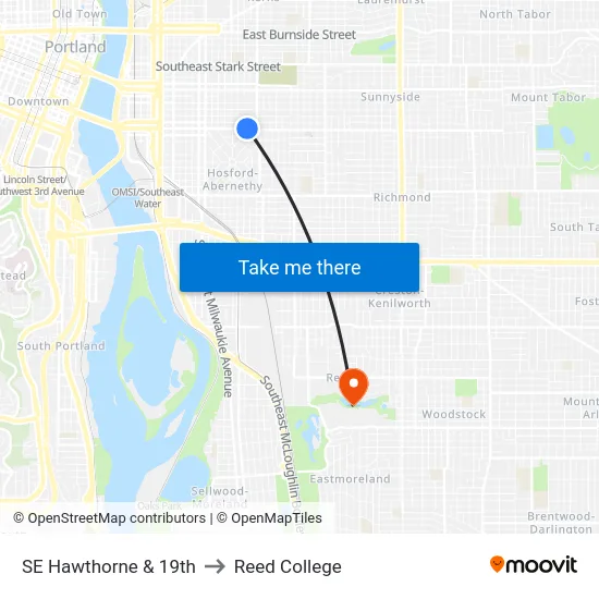 SE Hawthorne & 19th to Reed College map