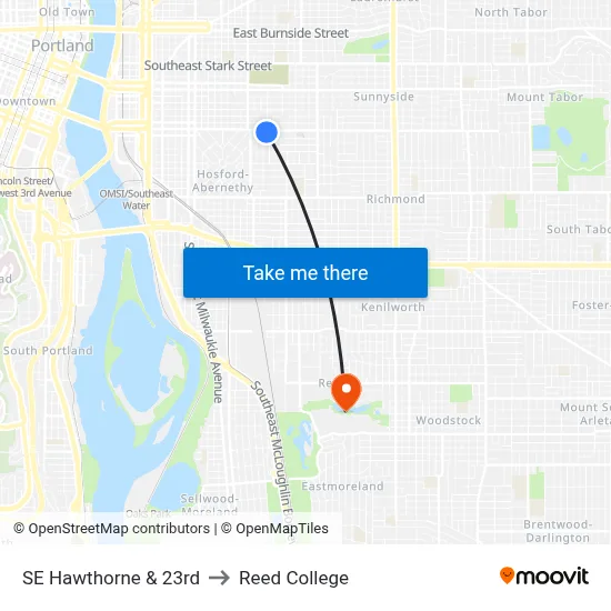 SE Hawthorne & 23rd to Reed College map