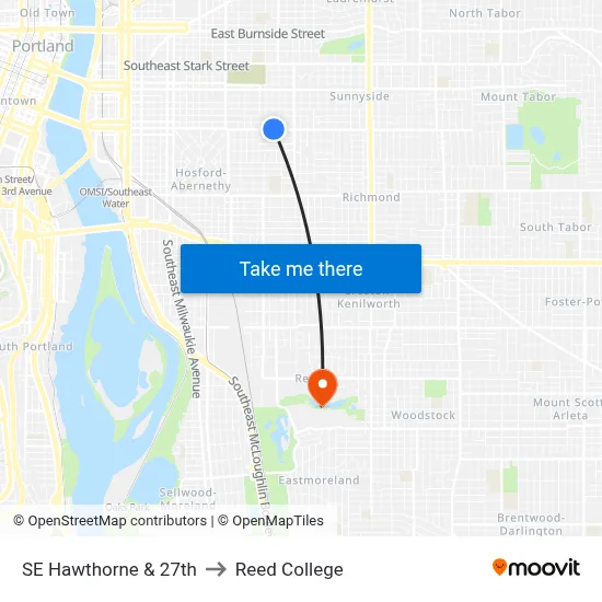 SE Hawthorne & 27th to Reed College map