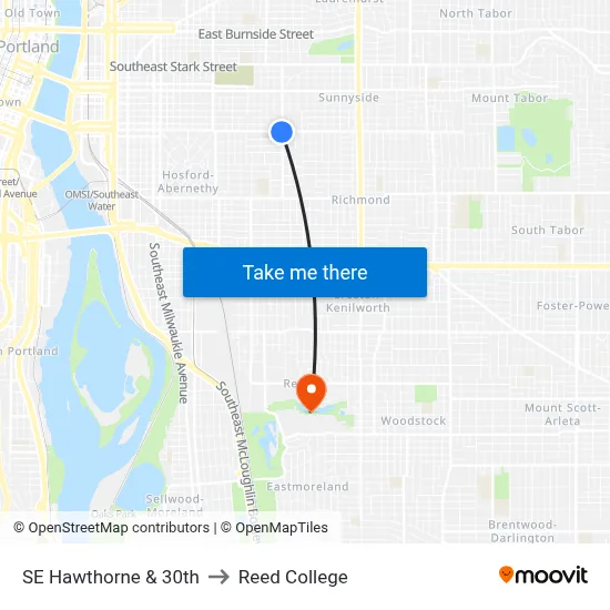SE Hawthorne & 30th to Reed College map