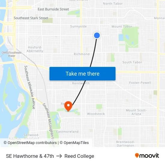 SE Hawthorne & 47th to Reed College map