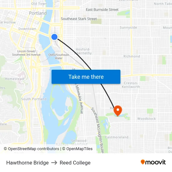 Hawthorne Bridge to Reed College map