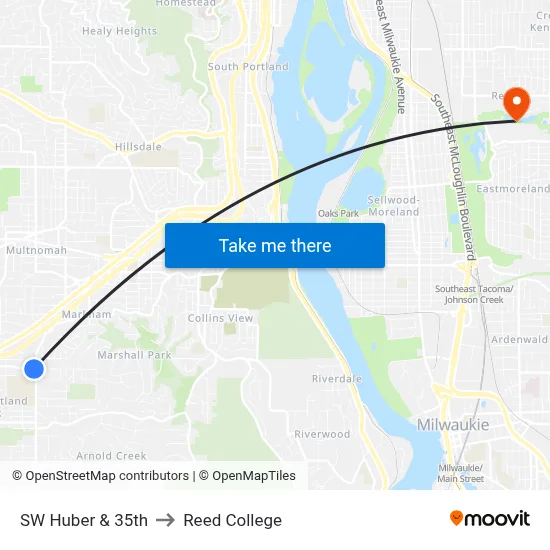 SW Huber & 35th to Reed College map