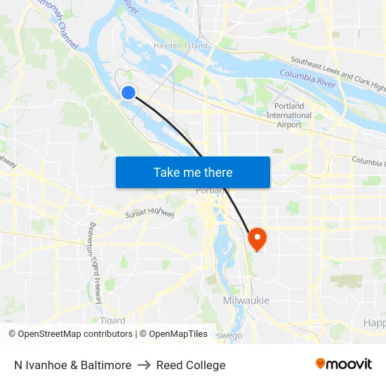 N Ivanhoe & Baltimore to Reed College map