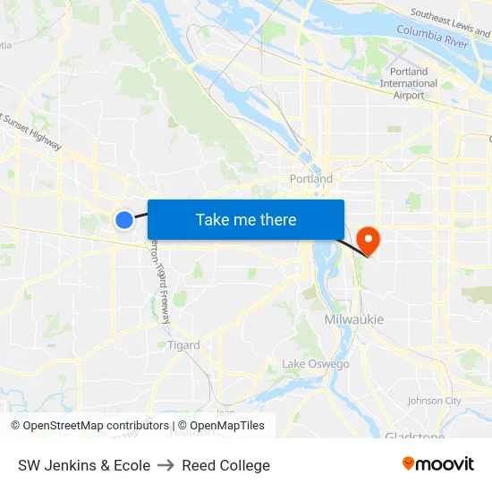 SW Jenkins & Ecole to Reed College map