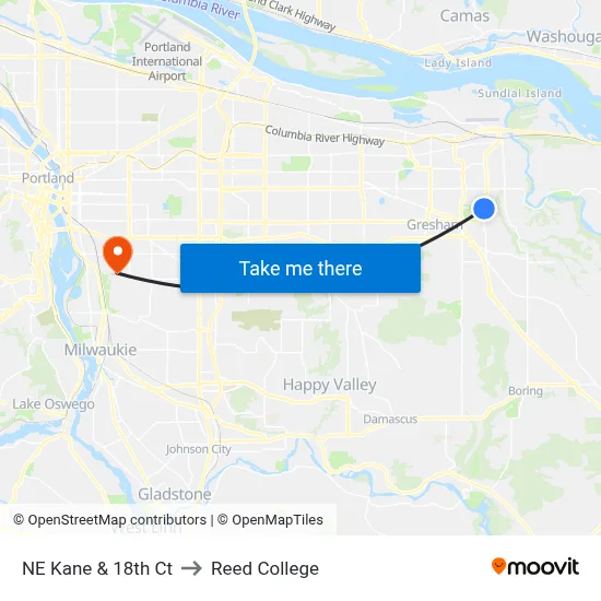 NE Kane & 18th Ct to Reed College map