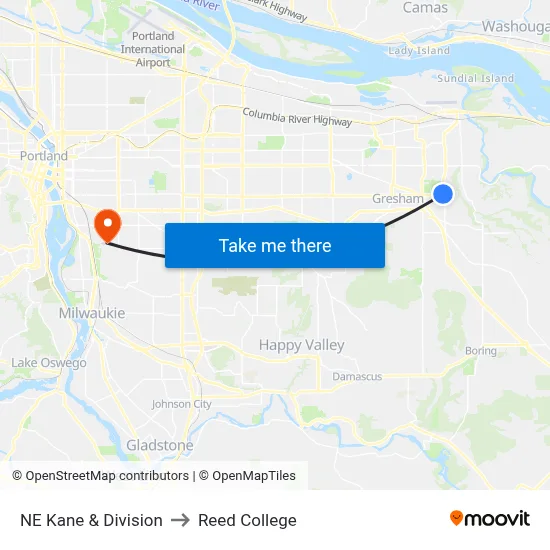 NE Kane & Division to Reed College map