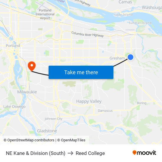 NE Kane & Division (South) to Reed College map