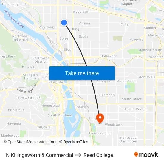 N Killingsworth & Commercial to Reed College map