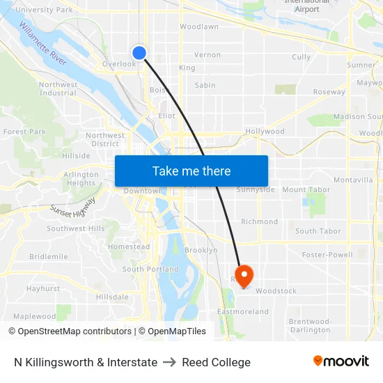 N Killingsworth & Interstate to Reed College map