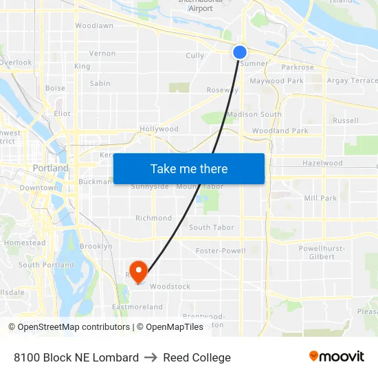 8100 Block NE Lombard to Reed College map