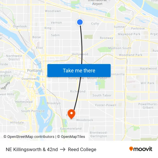 NE Killingsworth & 42nd to Reed College map