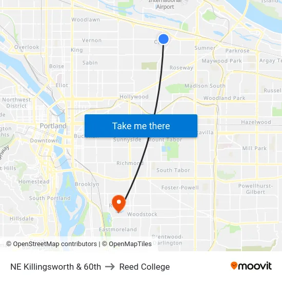 NE Killingsworth & 60th to Reed College map