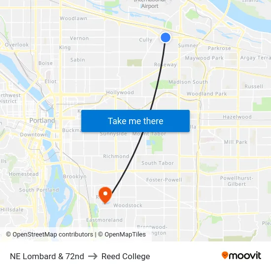 NE Lombard & 72nd to Reed College map