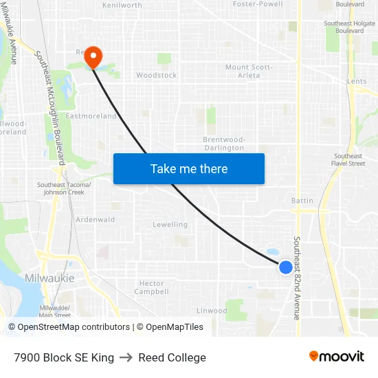 7900 Block SE King to Reed College map