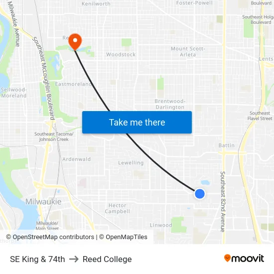 SE King & 74th to Reed College map