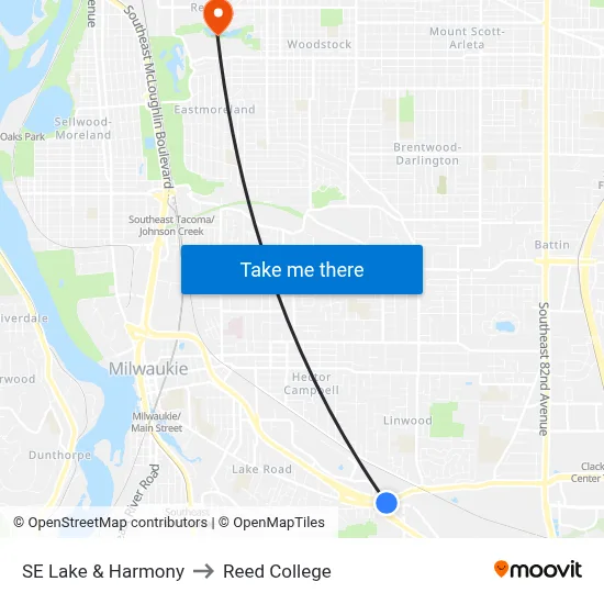 SE Lake & Harmony to Reed College map