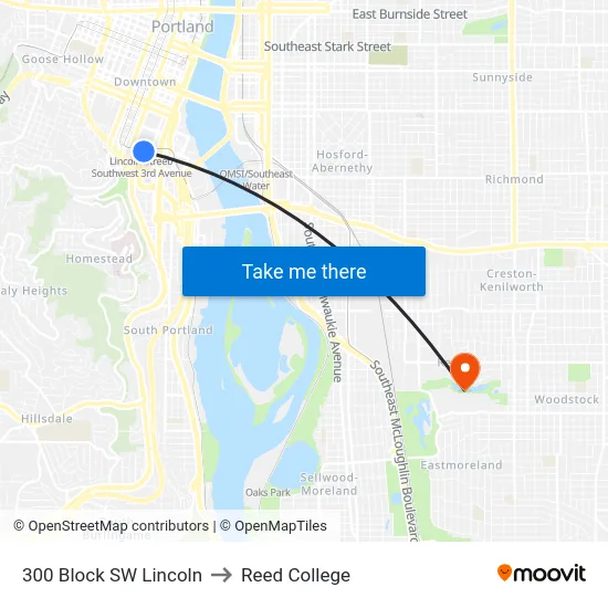 300 Block SW Lincoln to Reed College map