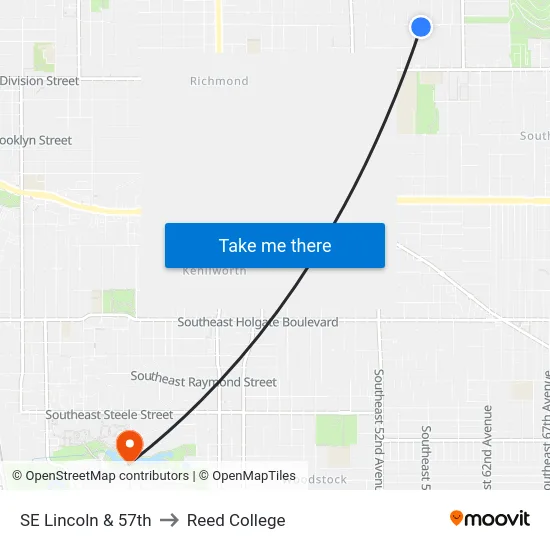 SE Lincoln & 57th to Reed College map