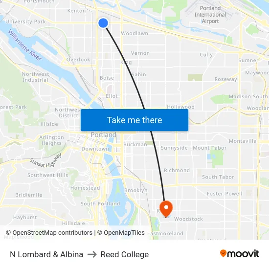 N Lombard & Albina to Reed College map
