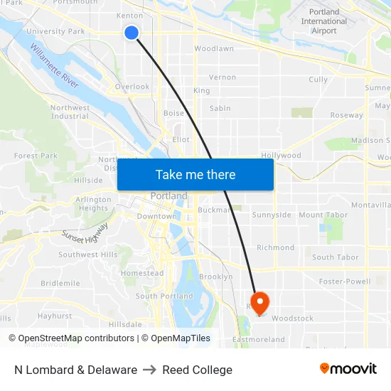 N Lombard & Delaware to Reed College map
