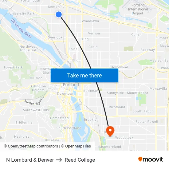 N Lombard & Denver to Reed College map