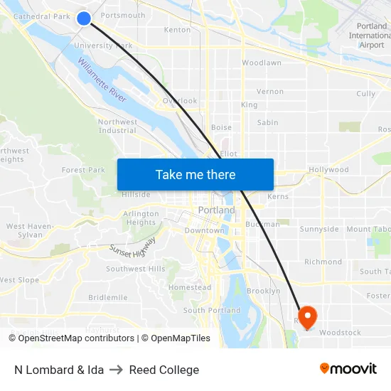 N Lombard & Ida to Reed College map
