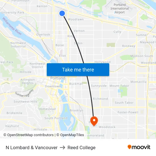 N Lombard & Vancouver to Reed College map