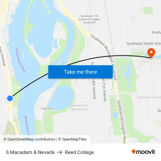 S Macadam & Nevada to Reed College map