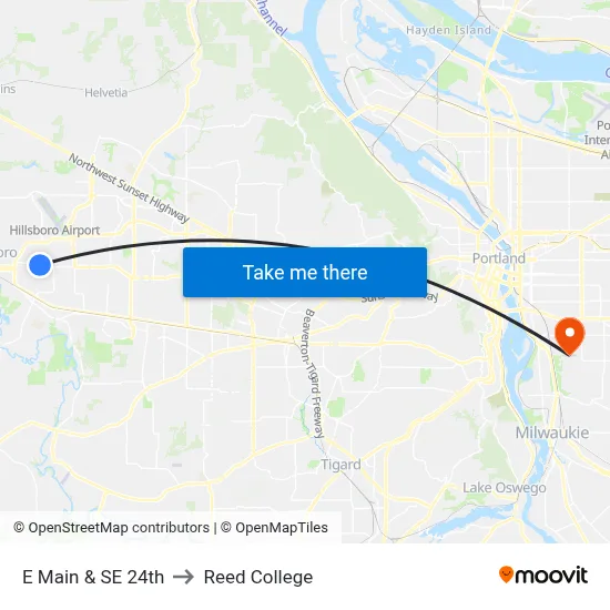 E Main & SE 24th to Reed College map