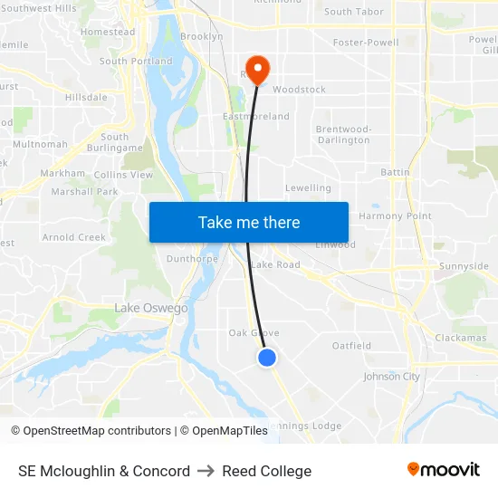 SE Mcloughlin & Concord to Reed College map