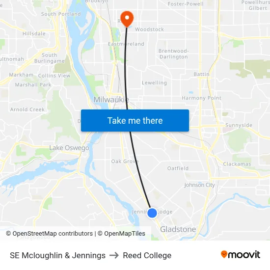 SE Mcloughlin & Jennings to Reed College map
