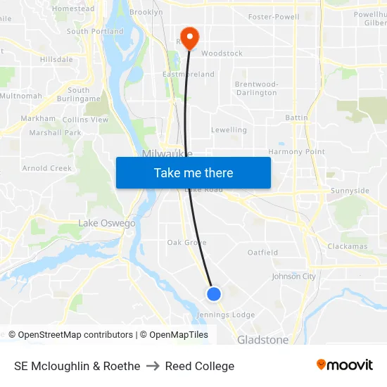 SE Mcloughlin & Roethe to Reed College map
