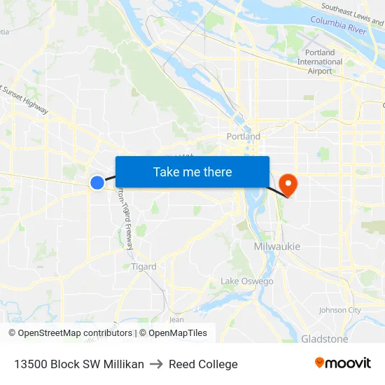 13500 Block SW Millikan to Reed College map