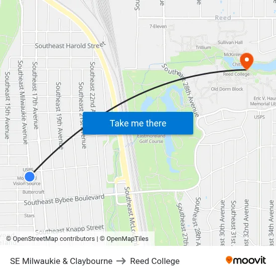 SE Milwaukie & Claybourne to Reed College map