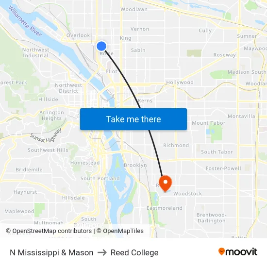 N Mississippi & Mason to Reed College map