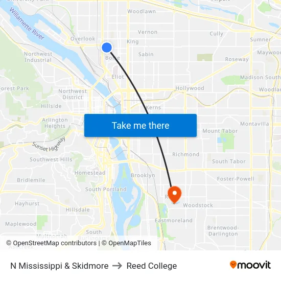 N Mississippi & Skidmore to Reed College map