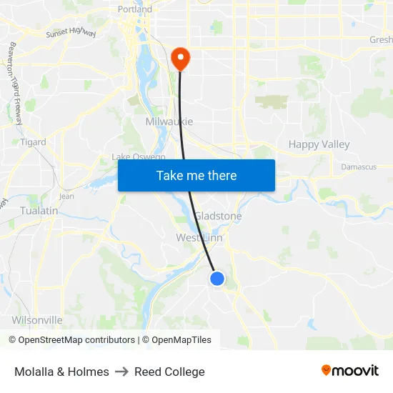 Molalla & Holmes to Reed College map