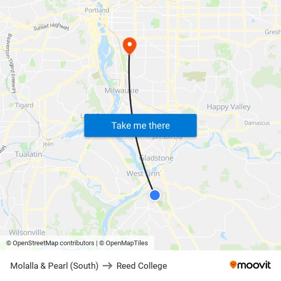 Molalla & Pearl (South) to Reed College map