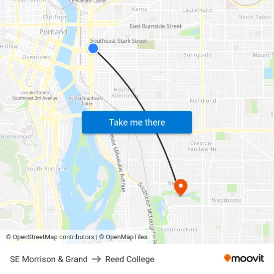 SE Morrison & Grand to Reed College map