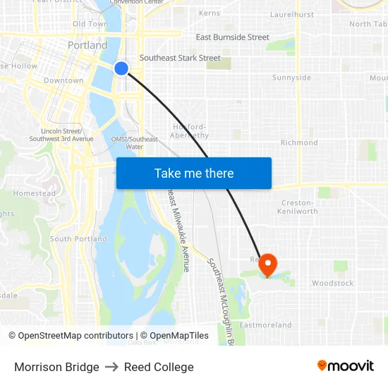 Morrison Bridge to Reed College map