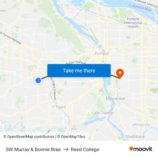 SW Murray & Bonnie Brae to Reed College map