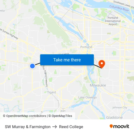 SW Murray & Farmington to Reed College map