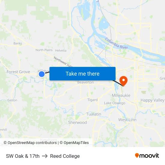 SW Oak & 17th to Reed College map