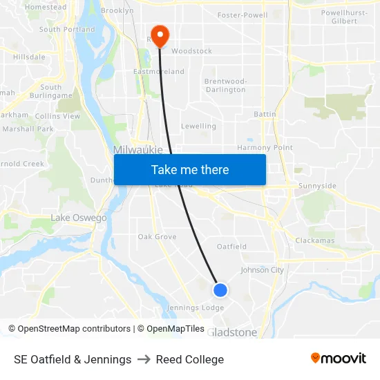 SE Oatfield & Jennings to Reed College map
