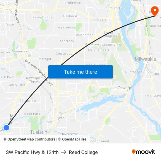 SW Pacific Hwy & 124th to Reed College map