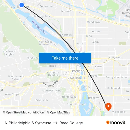 N Philadelphia & Syracuse to Reed College map